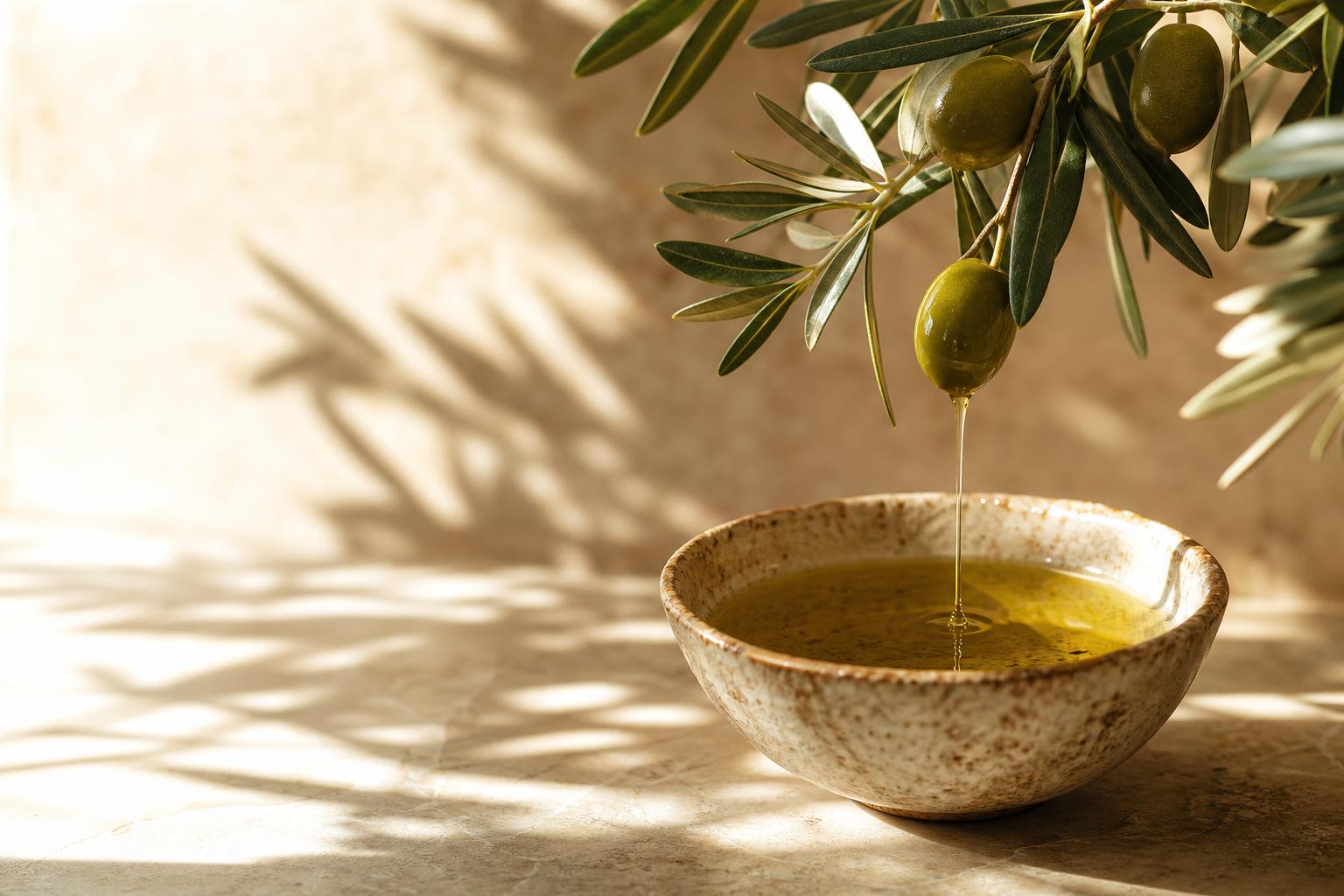 Olive branch dripping oil into a ceramic bowl